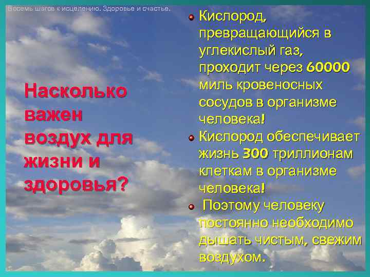 Восемь шагов к исцелению. Здоровье и счастье. Насколько важен воздух для жизни и здоровья?