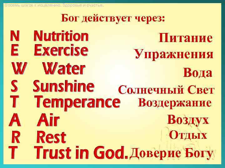 Восемь шагов к исцелению. Здоровье и счастье. Бог действует через: Питание Упражнения Вода Солнечный
