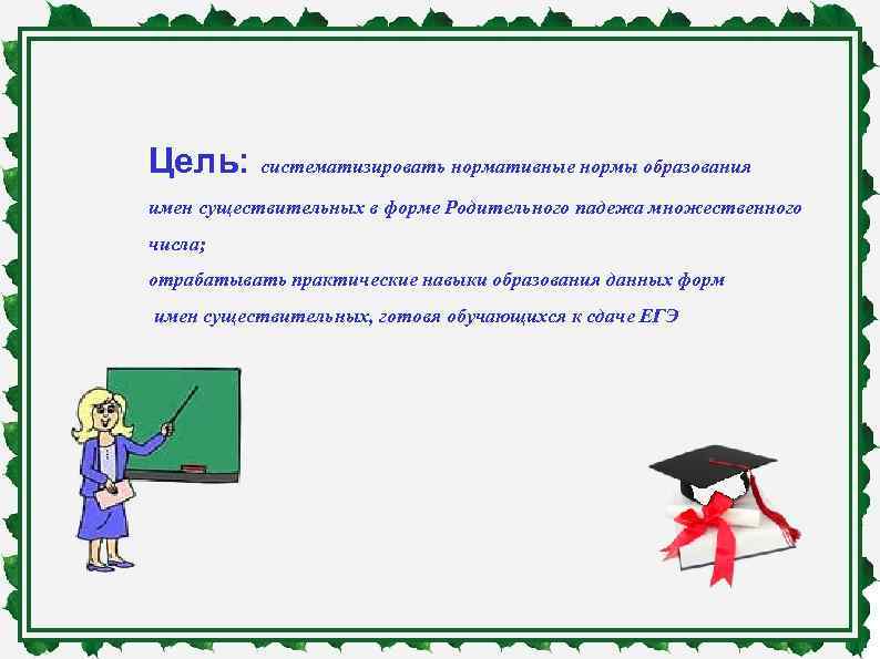 Цель: систематизировать нормативные нормы образования имен существительных в форме Родительного падежа множественного числа; отрабатывать