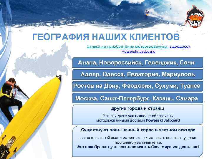 ГЕОГРАФИЯ НАШИХ КЛИЕНТОВ Заявки на приобретение моторизованных гидродосок Powerski Jetboard Анапа, Новороссийск, Геленджик, Сочи