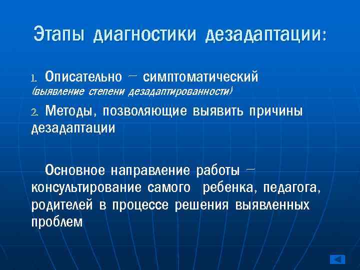 Этапы диагностики дезадаптации: 1. Описательно – симптоматический (выявление степени дезадаптированности) Методы, позволяющие выявить причины