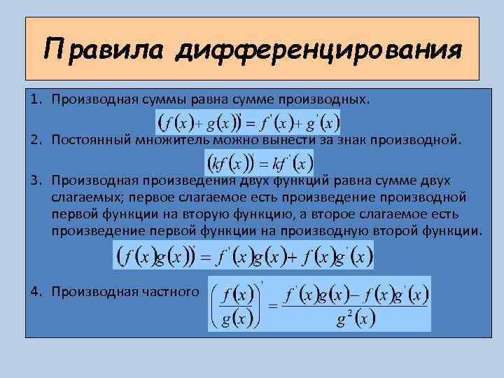 Правила дифференцирования 1. Производная суммы равна сумме производных. 2. Постоянный множитель можно вынести за