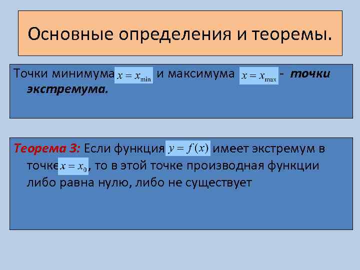 Основные определения и теоремы. Точки минимума экстремума. и максимума - точки Теорема 3: Если
