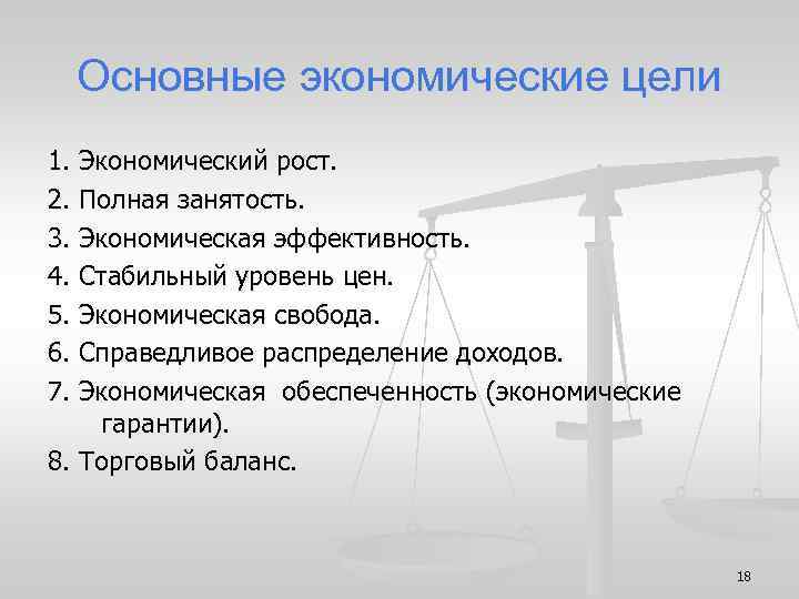 Основные экономические цели 1. Экономический рост. 2. Полная занятость. 3. Экономическая эффективность. 4. Стабильный