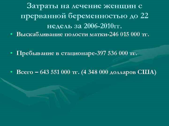 Затраты на лечение женщин с прерванной беременностью до 22 недель за 2006 -2010 гг.