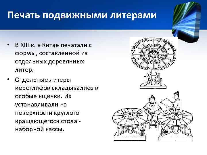 Печать подвижными литерами • В XIII в. в Китае печатали с формы, составленной из