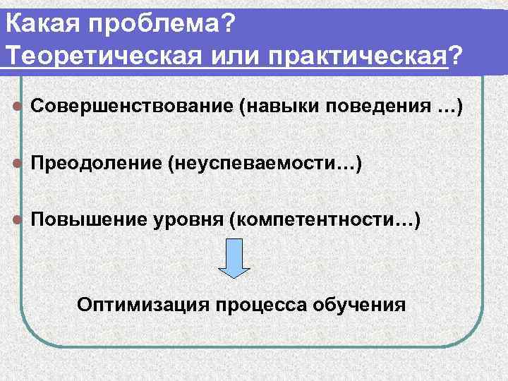Какая проблема? Теоретическая или практическая? l Совершенствование (навыки поведения …) l Преодоление (неуспеваемости…) l