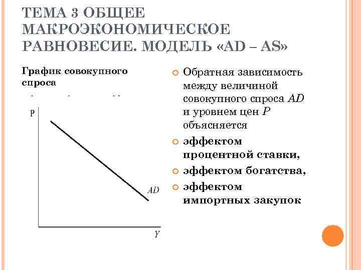 ТЕМА 3 ОБЩЕЕ МАКРОЭКОНОМИЧЕСКОЕ РАВНОВЕСИЕ. МОДЕЛЬ «AD – AS» График совокупного спроса Обратная зависимость