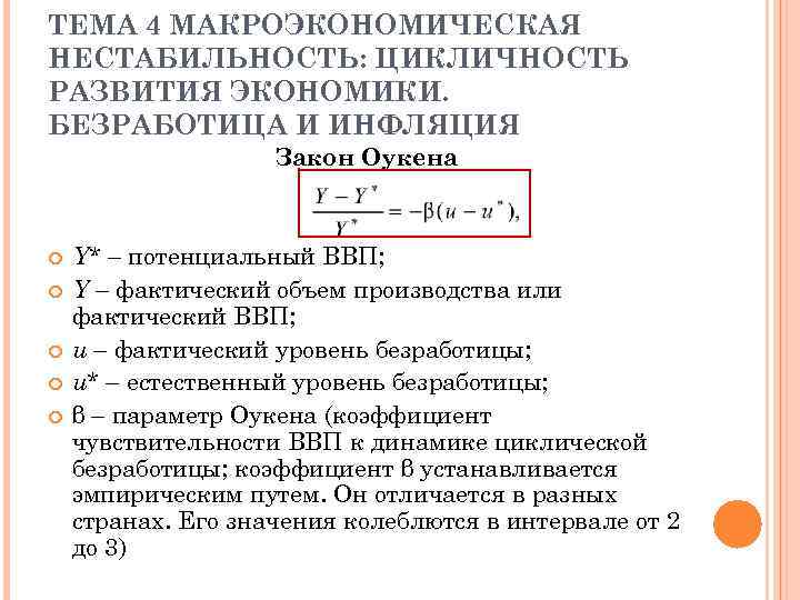 ТЕМА 4 МАКРОЭКОНОМИЧЕСКАЯ НЕСТАБИЛЬНОСТЬ: ЦИКЛИЧНОСТЬ РАЗВИТИЯ ЭКОНОМИКИ. БЕЗРАБОТИЦА И ИНФЛЯЦИЯ Закон Оукена Y* –