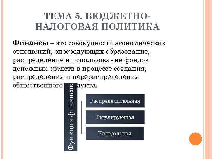 ТЕМА 5. БЮДЖЕТНОНАЛОГОВАЯ ПОЛИТИКА Функции финансов Финансы – это совокупность экономических отношений, опосредующих образование,