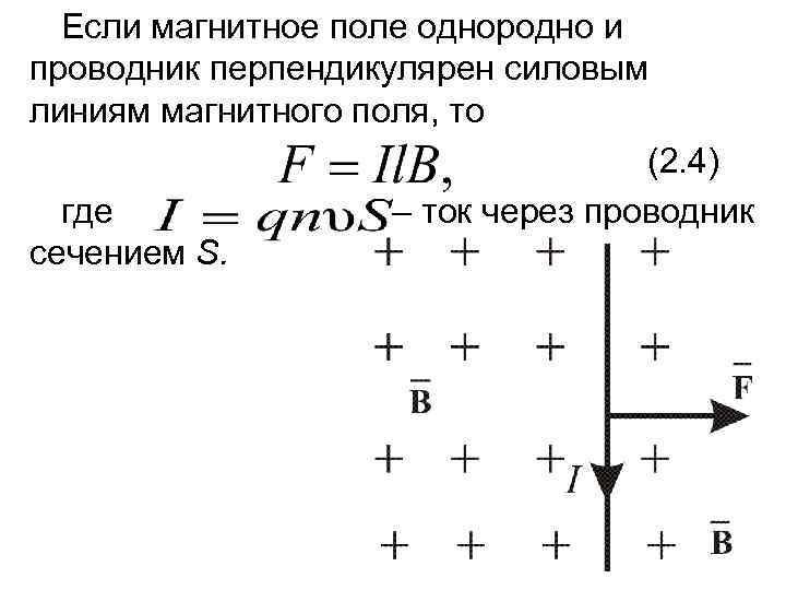 Если магнитное поле однородно и проводник перпендикулярен силовым линиям магнитного поля, то (2. 4)