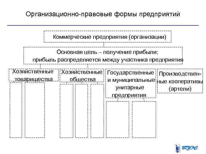 Организационно правовые формы предприятий Коммерческие предприятия (организации) Основная цель – получение прибыли; прибыль распределяется