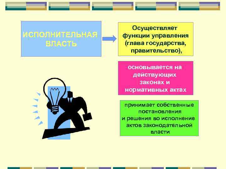 ИСПОЛНИТЕЛЬНАЯ ВЛАСТЬ Осуществляет функции управления (глава государства, правительство), основывается на действующих законах и нормативных