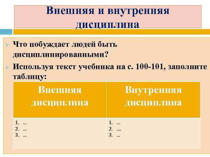 Внешняя и внутренняя дисциплина Ø Ø Что побуждает людей быть дисциплинированными? Используя текст учебника