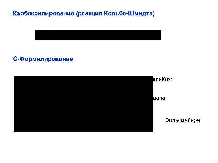 Карбоксилирование (реакция Кольбе-Шмидта) С-Формилирование Гаттермана-Коха Гаттермана Вильсмайера 