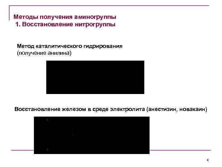 Методы получения аминогруппы 1. Восстановление нитрогруппы Метод каталитического гидрирования (получение анилина) Восстановление железом в