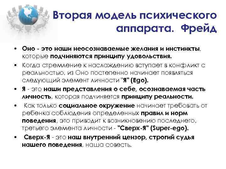 Вторая модель психического аппарата. Фрейд • Оно - это наши неосознаваемые желания и инстинкты,
