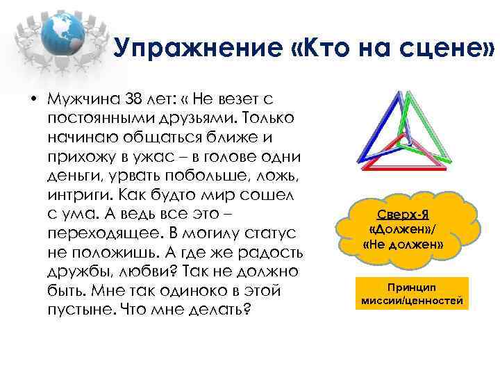 Упражнение «Кто на сцене» • Мужчина 38 лет: « Не везет с постоянными друзьями.