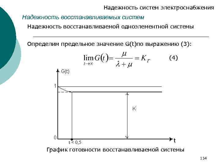 Надежность систем электроснабжения Надежность восстанавливаемых систем Надежность восстанавливаемой одноэлементной системы Определим предельное значение G(t)по