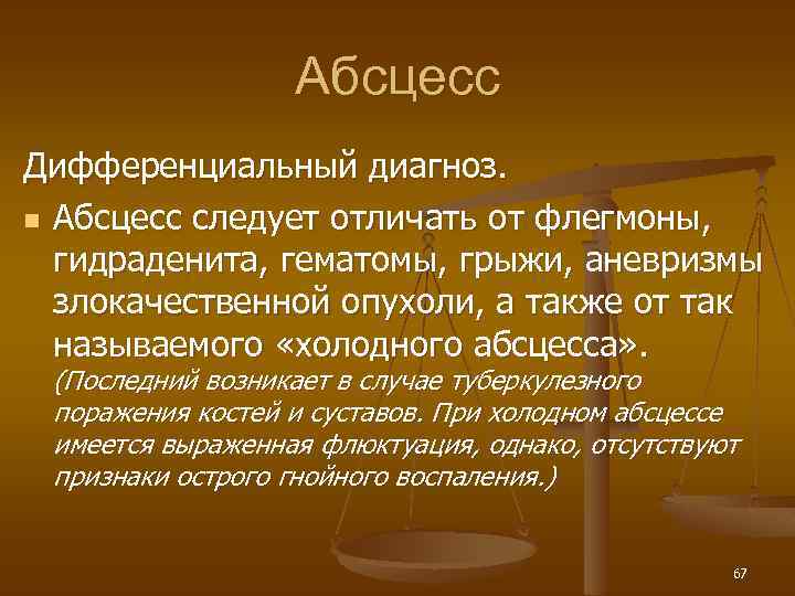 Абсцесс Дифференциальный диагноз. n Абсцесс следует отличать от флегмоны, гидраденита, гематомы, грыжи, аневризмы злокачественной