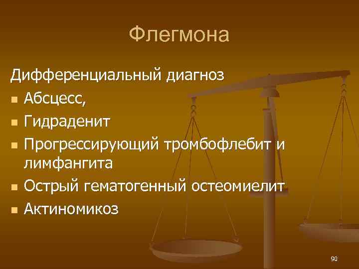 Флегмона Дифференциальный диагноз n Абсцесс, n Гидраденит n Прогрессирующий тромбофлебит и лимфангита n Острый