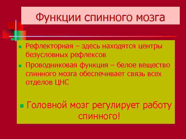 Функции спинного мозга n n n Рефлекторная – здесь находятся центры безусловных рефлексов Проводниковая