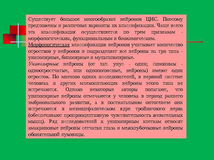 Существует большое многообразие нейронов ЦНС. Поэтому предложены и различные варианты их классификации. Чаще всего
