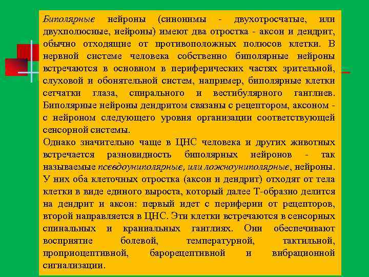 Биполярные нейроны (синонимы двухотросчатые, или двухполюсные, нейроны) имеют два отростка аксон и дендрит, обычно