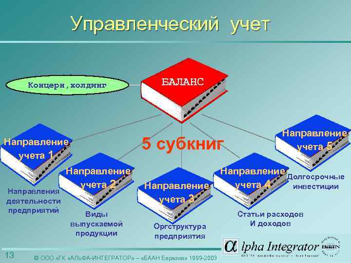 Управленческий учет Концерн, холдинг 5 субкниг Направление учета 1 Направления деятельности предприятий 13 БАЛАНС