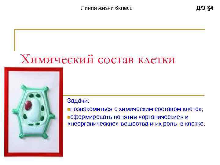 Линия жизни 6 класс Д/З § 4 Химический состав клетки Задачи: nпознакомиться с химическим