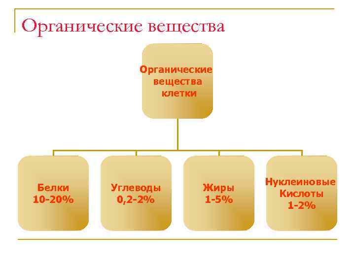Органические вещества клетки Белки 10 -20% Углеводы 0, 2 -2% Жиры 1 -5% Нуклеиновые