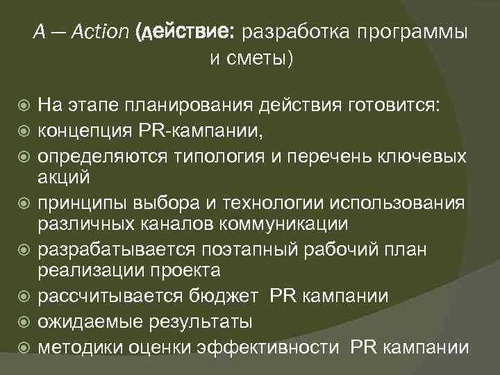 А — Action (действие: разработка программы и сметы) На этапе планирования действия готовится: концепция