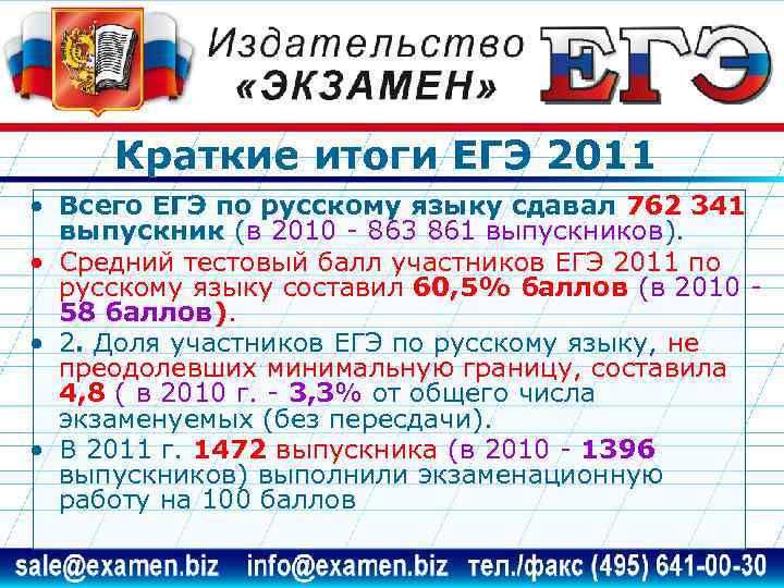 Краткие итоги ЕГЭ 2011 • Всего ЕГЭ по русскому языку сдавал 762 341 выпускник