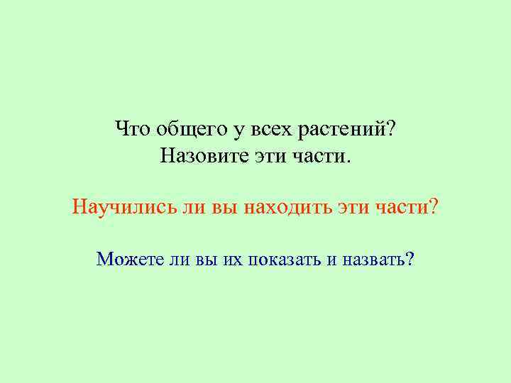 Что общего у всех растений? Назовите эти части. Научились ли вы находить эти части?