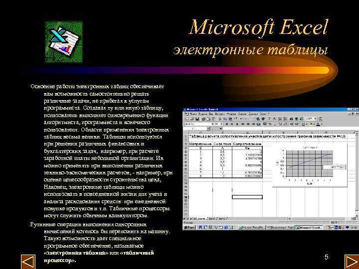 Microsoft Excel электронные таблицы Освоение работы электронных таблиц обеспечивает вам возможность самостоятельно решать различные