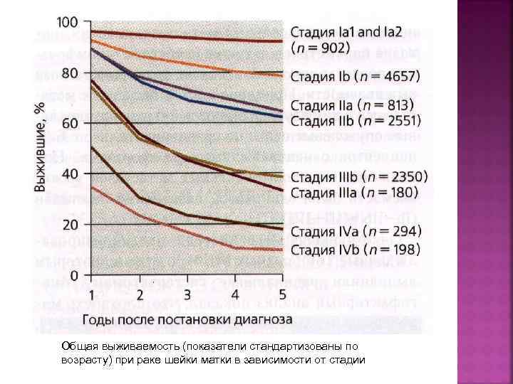 Общая выживаемость (показатели стандартизованы по возрасту) при раке шейки матки в зависимости от стадии