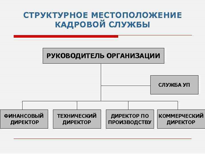 СТРУКТУРНОЕ МЕСТОПОЛОЖЕНИЕ КАДРОВОЙ СЛУЖБЫ РУКОВОДИТЕЛЬ ОРГАНИЗАЦИИ СЛУЖБА УП ФИНАНСОВЫЙ ДИРЕКТОР ТЕХНИЧЕСКИЙ ДИРЕКТОР ПО ПРОИЗВОДСТВУ