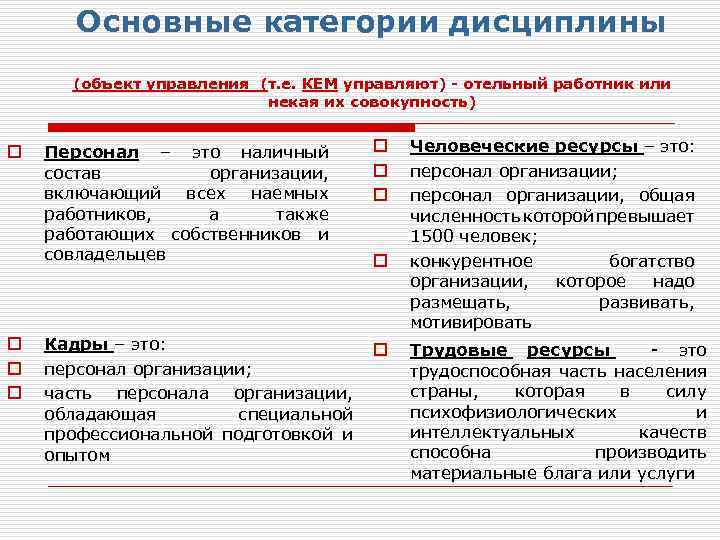 Основные категории дисциплины (объект управления (т. е. КЕМ управляют) - отельный работник или некая