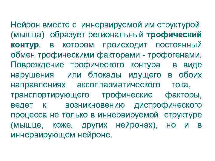 Нейрон вместе с иннервируемой им структурой (мышца) образует региональный трофический контур, в котором происходит