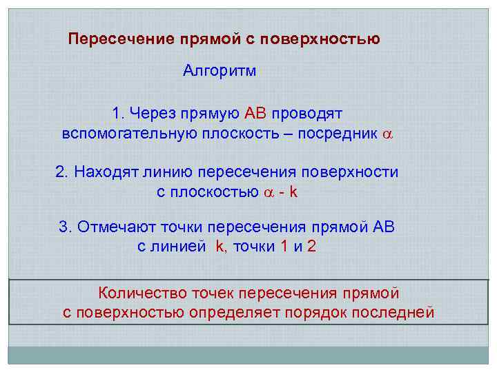 Пересечение прямой с поверхностью Алгоритм 1. Через прямую АВ проводят вспомогательную плоскость – посредник