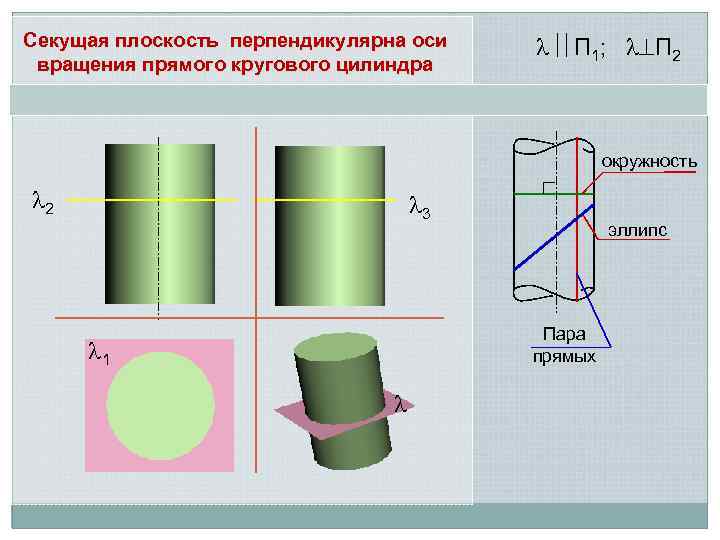 Секущая плоскость перпендикулярна оси вращения прямого кругового цилиндра П 1; П 2 окружность 2