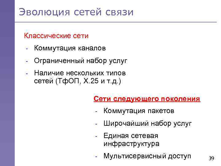 Эволюция сетей связи Классические сети - Коммутация каналов - Ограниченный набор услуг - Наличие