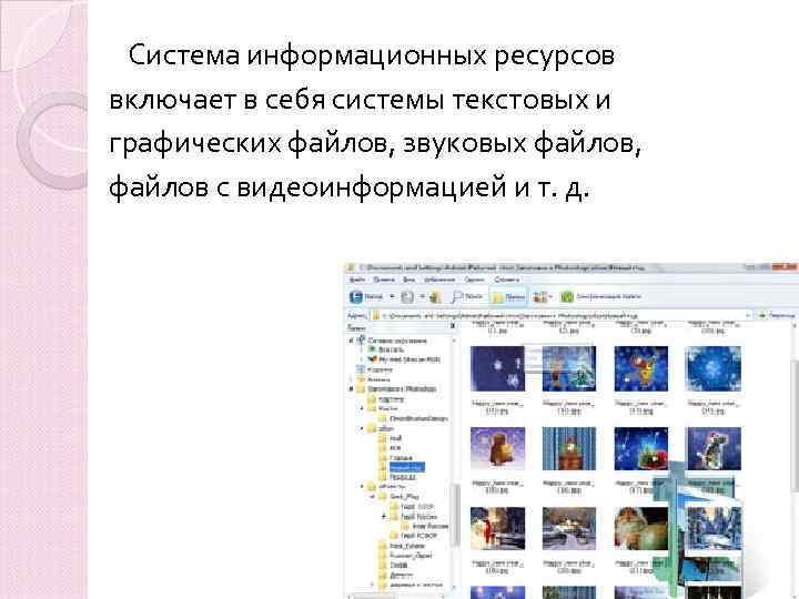  Система информационных ресурсов включает в себя системы текстовых и графических файлов, звуковых файлов,