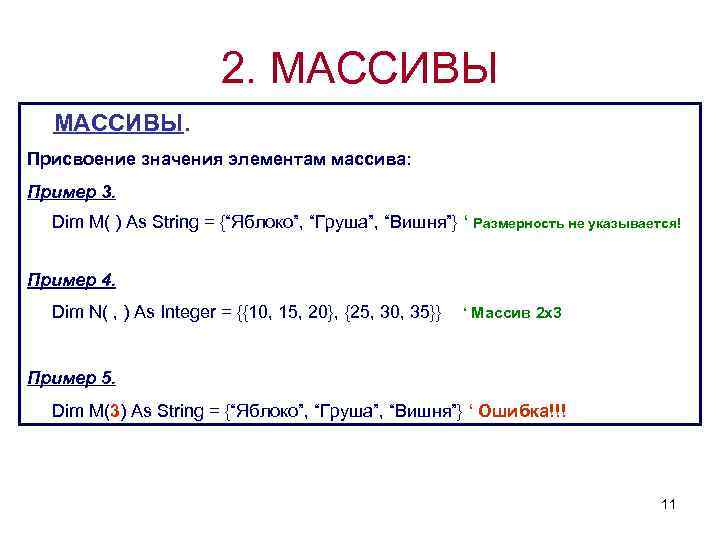 2. МАССИВЫ. Присвоение значения элементам массива: Пример 3. Dim M( ) As String =