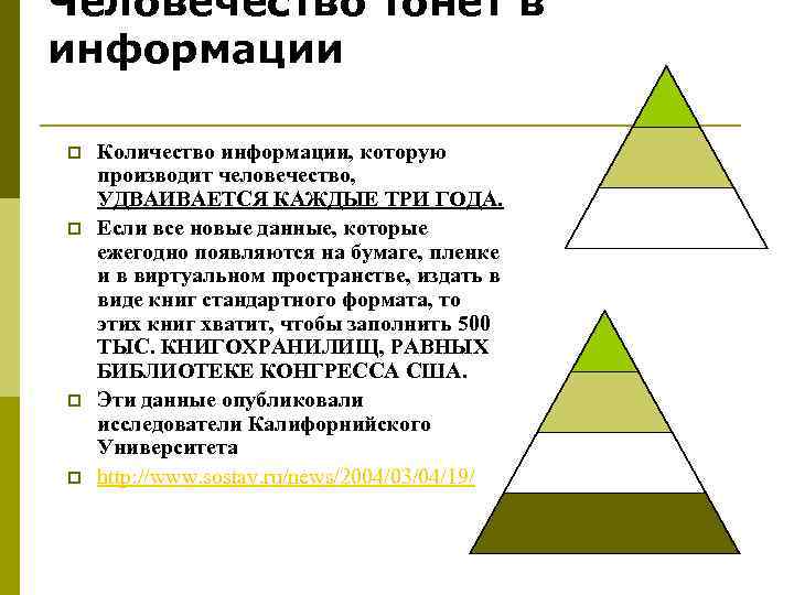 Человечество тонет в информации p p Количество информации, которую производит человечество, УДВАИВАЕТСЯ КАЖДЫЕ ТРИ