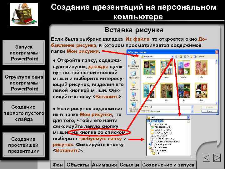 Создание презентаций на персональном компьютере Вставка рисунка Запуск программы Power. Point Структура окна программы