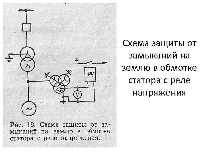 Схема защиты от замыканий на землю в обмотке статора с реле напряжения 
