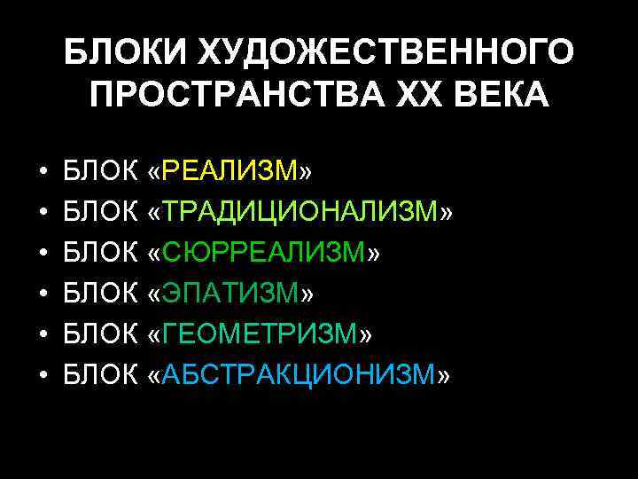 БЛОКИ ХУДОЖЕСТВЕННОГО ПРОСТРАНСТВА XX ВЕКА • • • БЛОК «РЕАЛИЗМ» БЛОК «ТРАДИЦИОНАЛИЗМ» БЛОК «СЮРРЕАЛИЗМ»