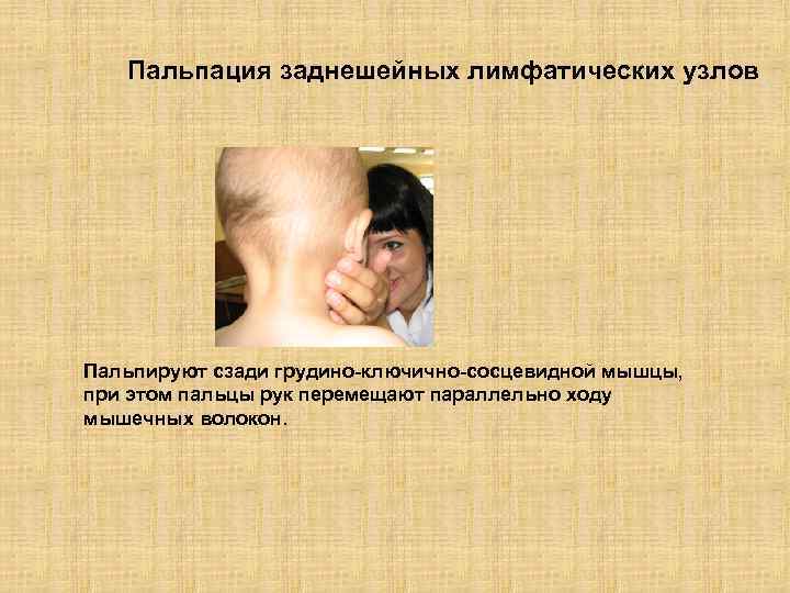 Пальпация заднешейных лимфатических узлов Пальпируют сзади грудино-ключично-сосцевидной мышцы, при этом пальцы рук перемещают параллельно