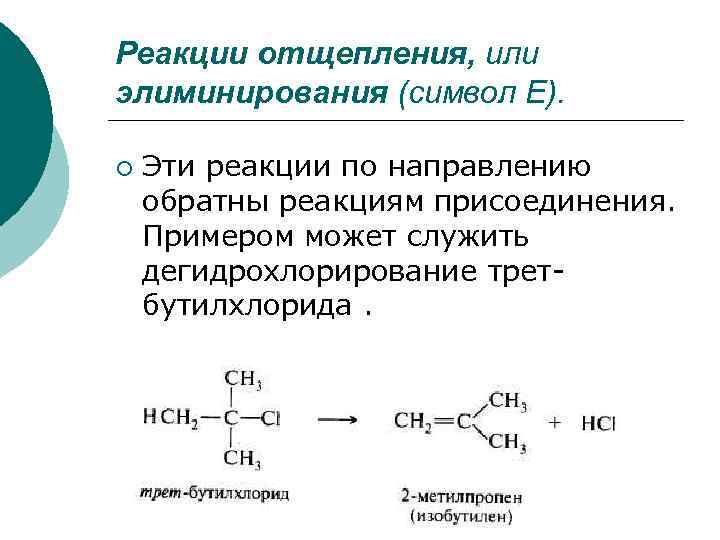 Реакции отщепления, или элиминирования (символ Е). ¡ Эти реакции по направлению обратны реакциям присоединения.